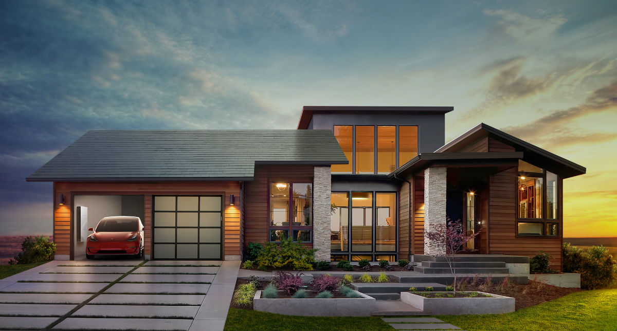 Tesla solar roof with electric car